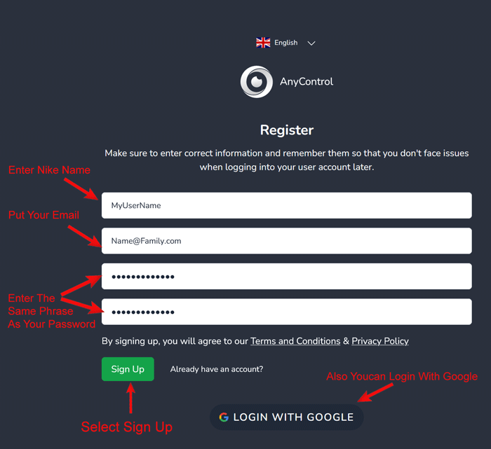 registration in anycontrol step 1